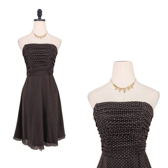 Vintage Mini Dress Y2K Polka Dot Retro Rockabilly Stapless Flare Tulle Brown 8 - Picture 1 of 13